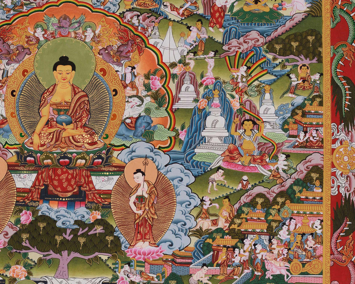 Historical Buddha Life Story Thangka | Traditional Artwork Depicting the Buddha’s Path to Enlightenment