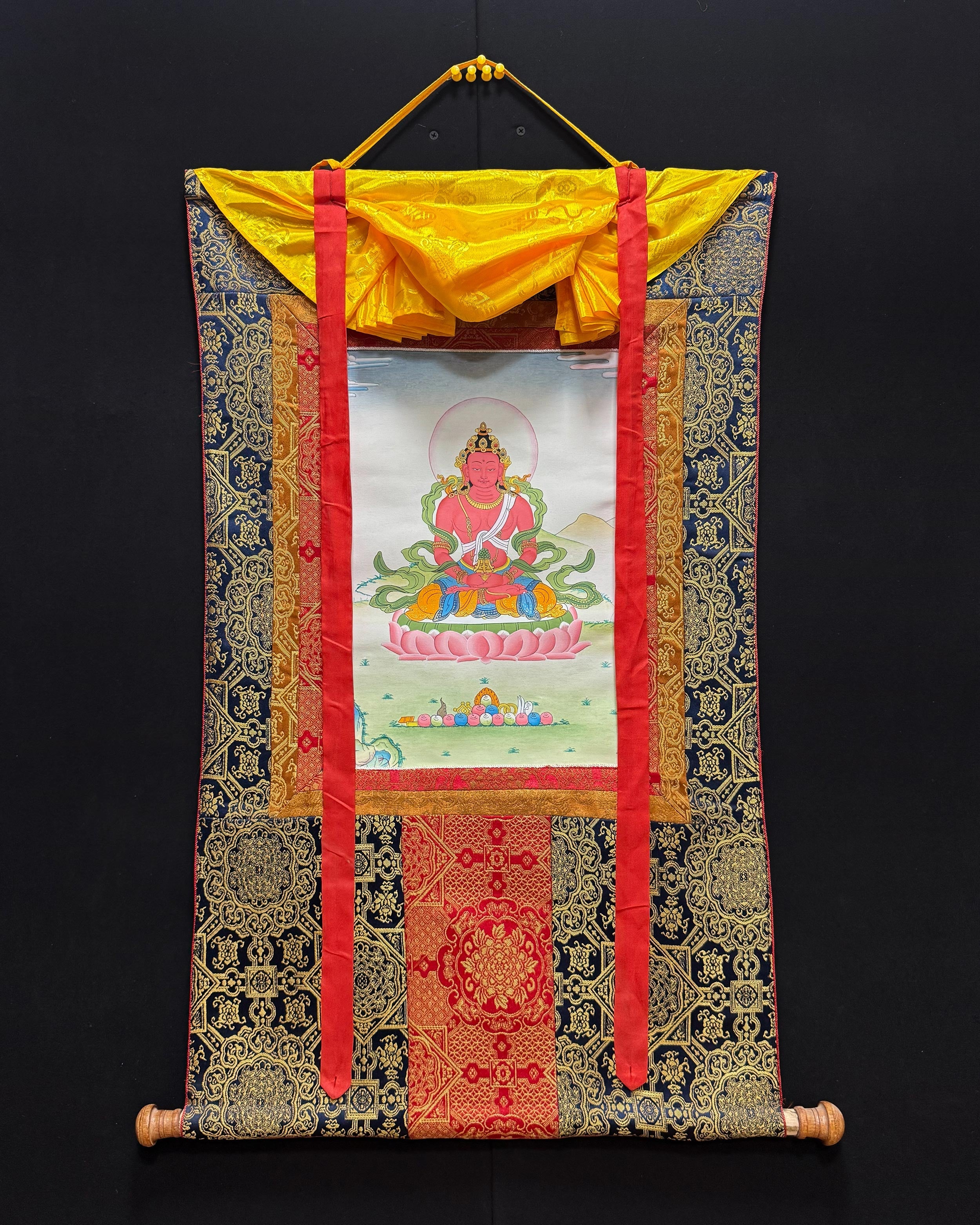 Amitayus Buddha Thangka With Brocade | Symbol of Infinite Life