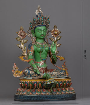 Green Tara Mother Of Buddha Sculpture | 24K Gold Hand Carved Statue