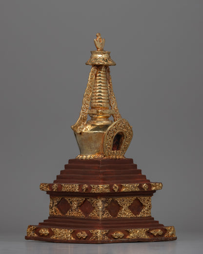 Discover a handcrafted Buddhist Stupa with gold-plated copper and bronze | Tibetan Shrine Artifact for Spiritual Rituals