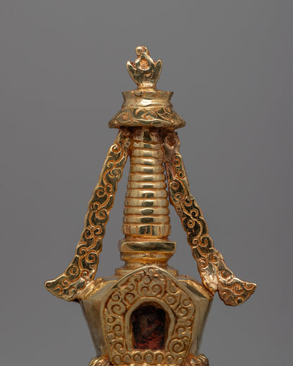 Discover a handcrafted Buddhist Stupa with gold-plated copper and bronze | Tibetan Shrine Artifact for Spiritual Rituals