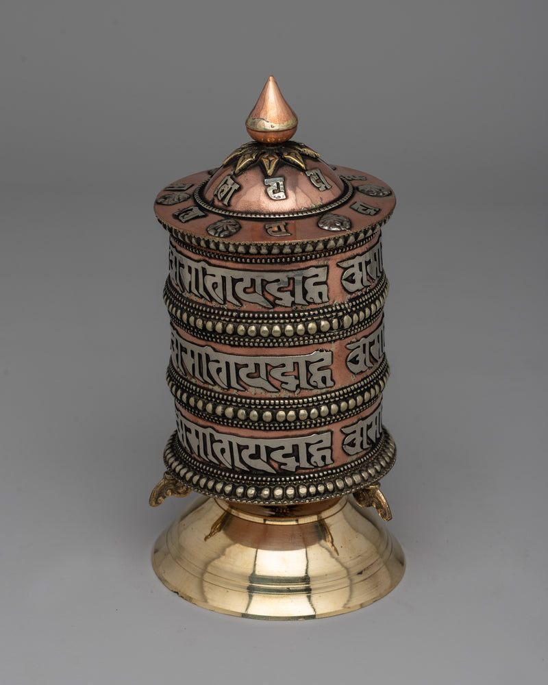 Traditional Tabletop Tibetan Prayer Wheel | Mani with Mantra, Copper & Brass Design