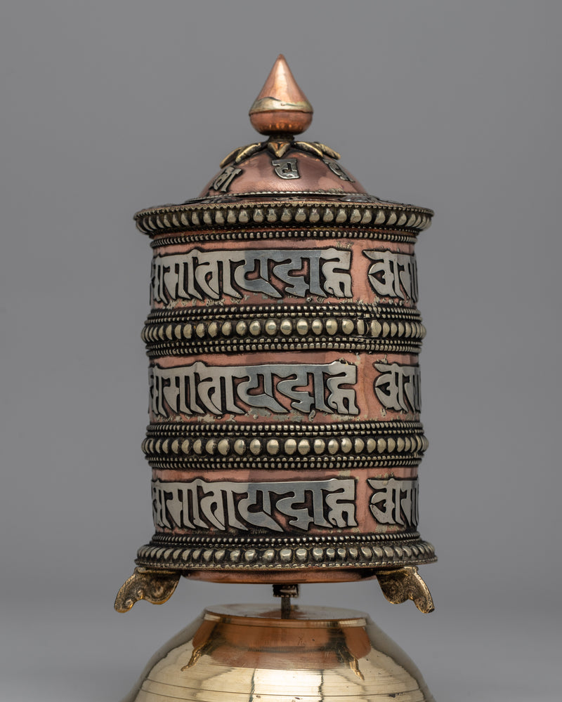 Traditional Tabletop Tibetan Prayer Wheel | Mani with Mantra, Copper & Brass Design