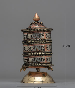Traditional Tabletop Tibetan Prayer Wheel | Mani with Mantra, Copper & Brass Design