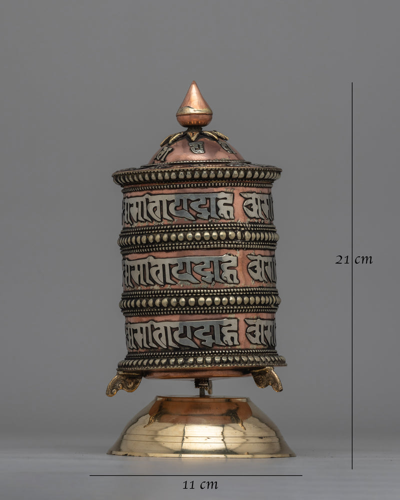 Traditional Tabletop Tibetan Prayer Wheel | Mani with Mantra, Copper & Brass Design