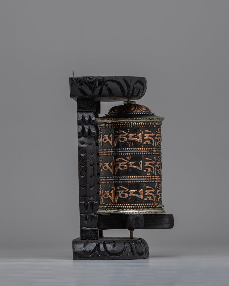 Handcrafted Tabletop Tibetan Prayer Wheel | Copper Body & Wooden Frame