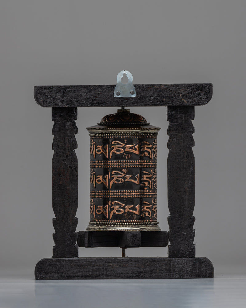 Handcrafted Tabletop Tibetan Prayer Wheel | Copper Body & Wooden Frame