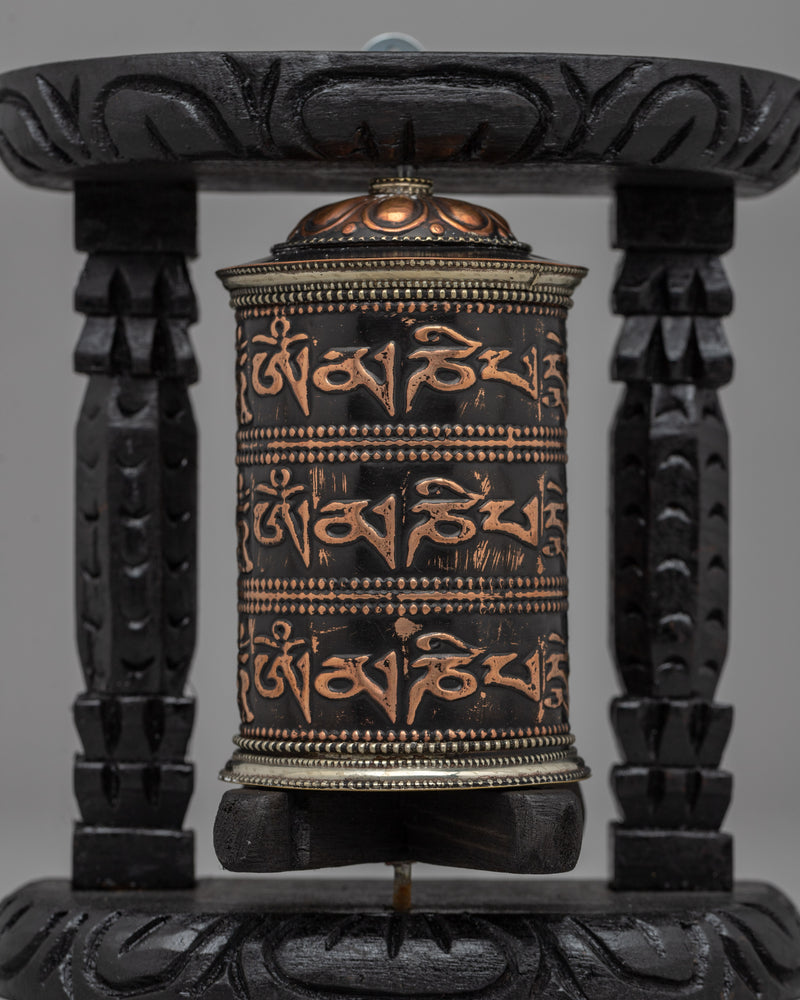 Handcrafted Tabletop Tibetan Prayer Wheel | Copper Body & Wooden Frame