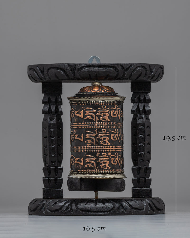 Handcrafted Tabletop Tibetan Prayer Wheel | Copper Body & Wooden Frame