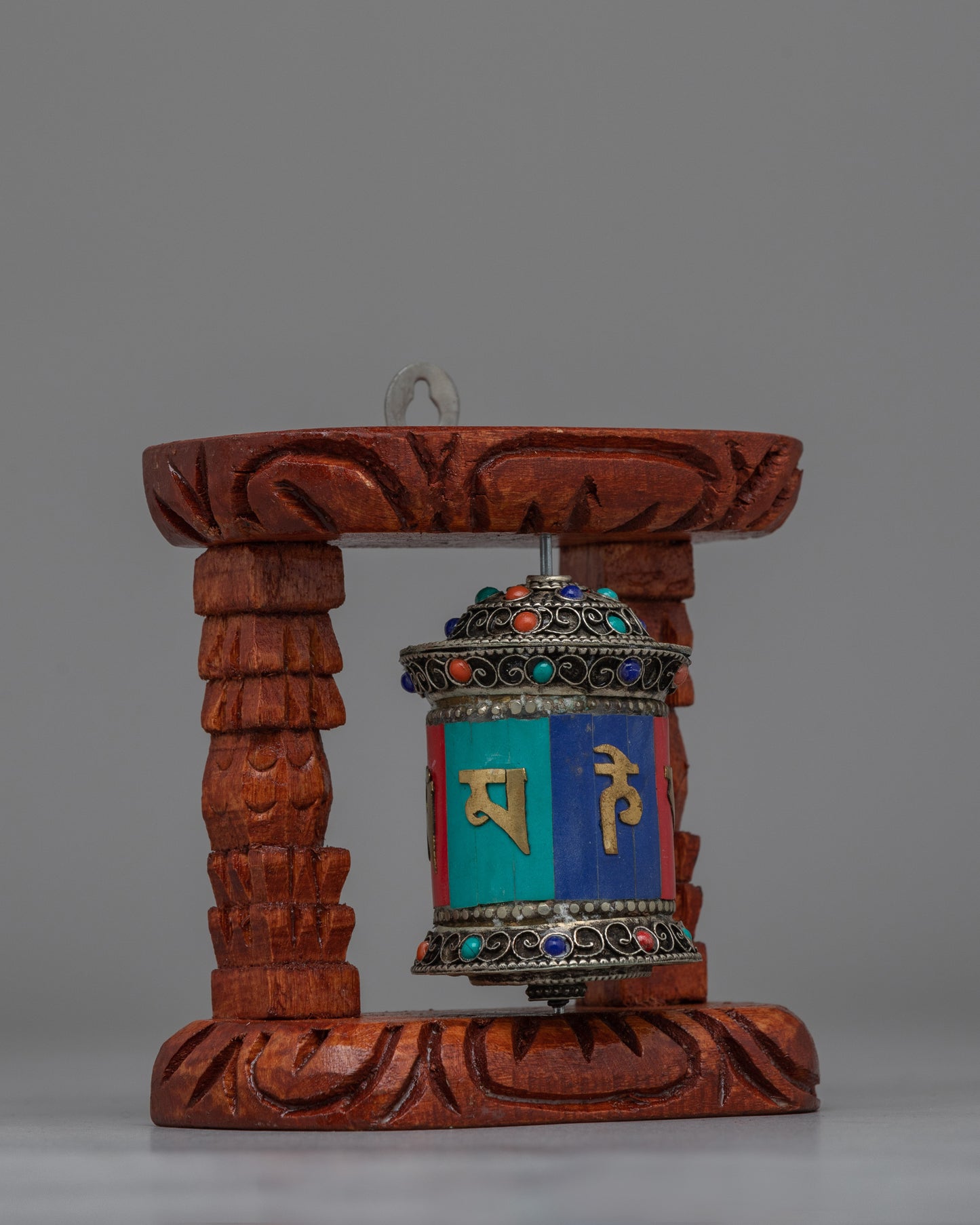 Compact Copper Prayer Wheel with Mantras and Stones | Vibrant Buddhist Devotional Tool