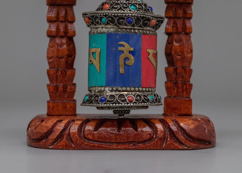 Compact Copper Prayer Wheel with Mantras and Stones | Vibrant Buddhist Devotional Tool