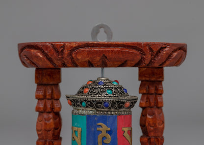 Compact Copper Prayer Wheel with Mantras and Stones | Vibrant Buddhist Devotional Tool