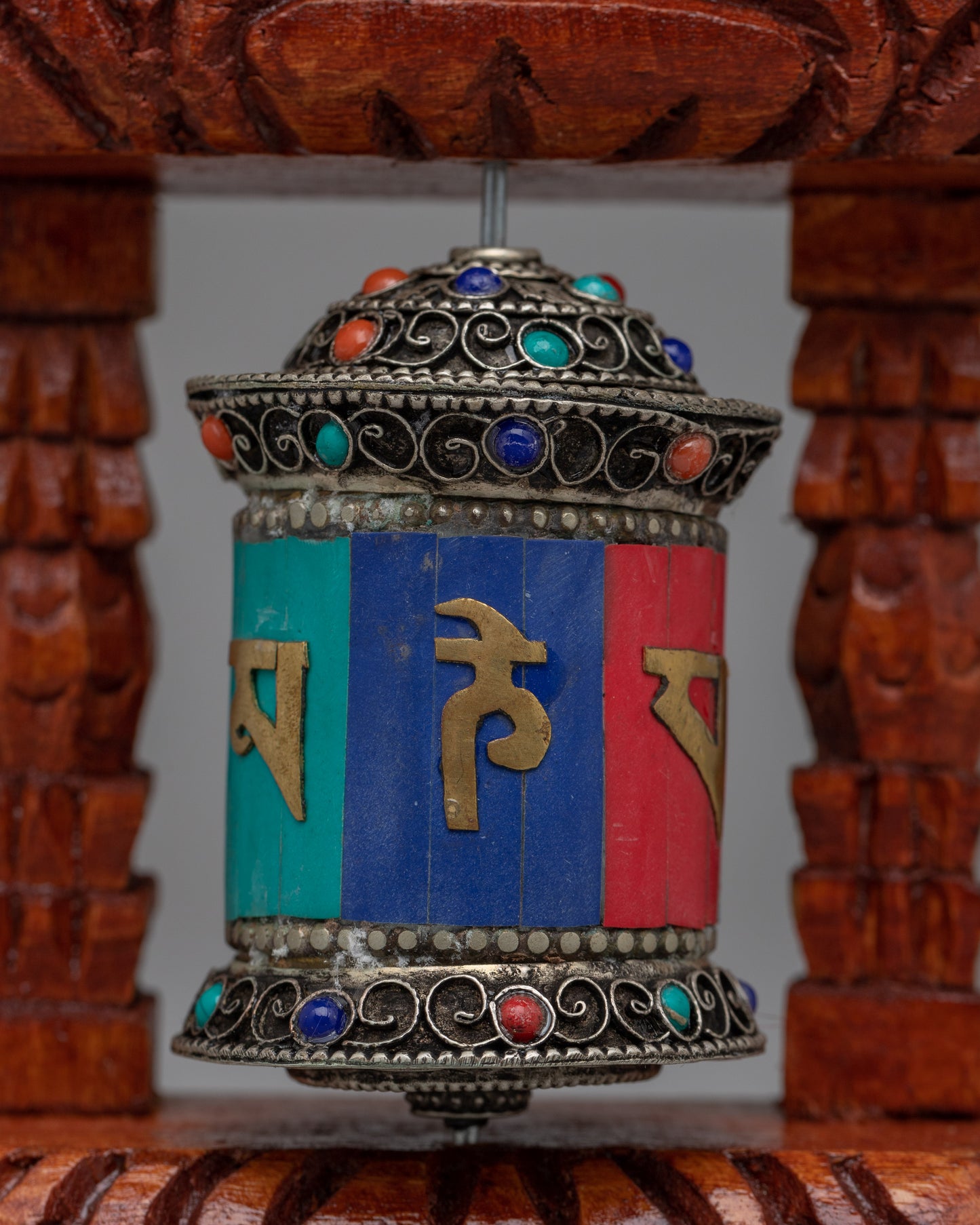 Compact Copper Prayer Wheel with Mantras and Stones | Vibrant Buddhist Devotional Tool