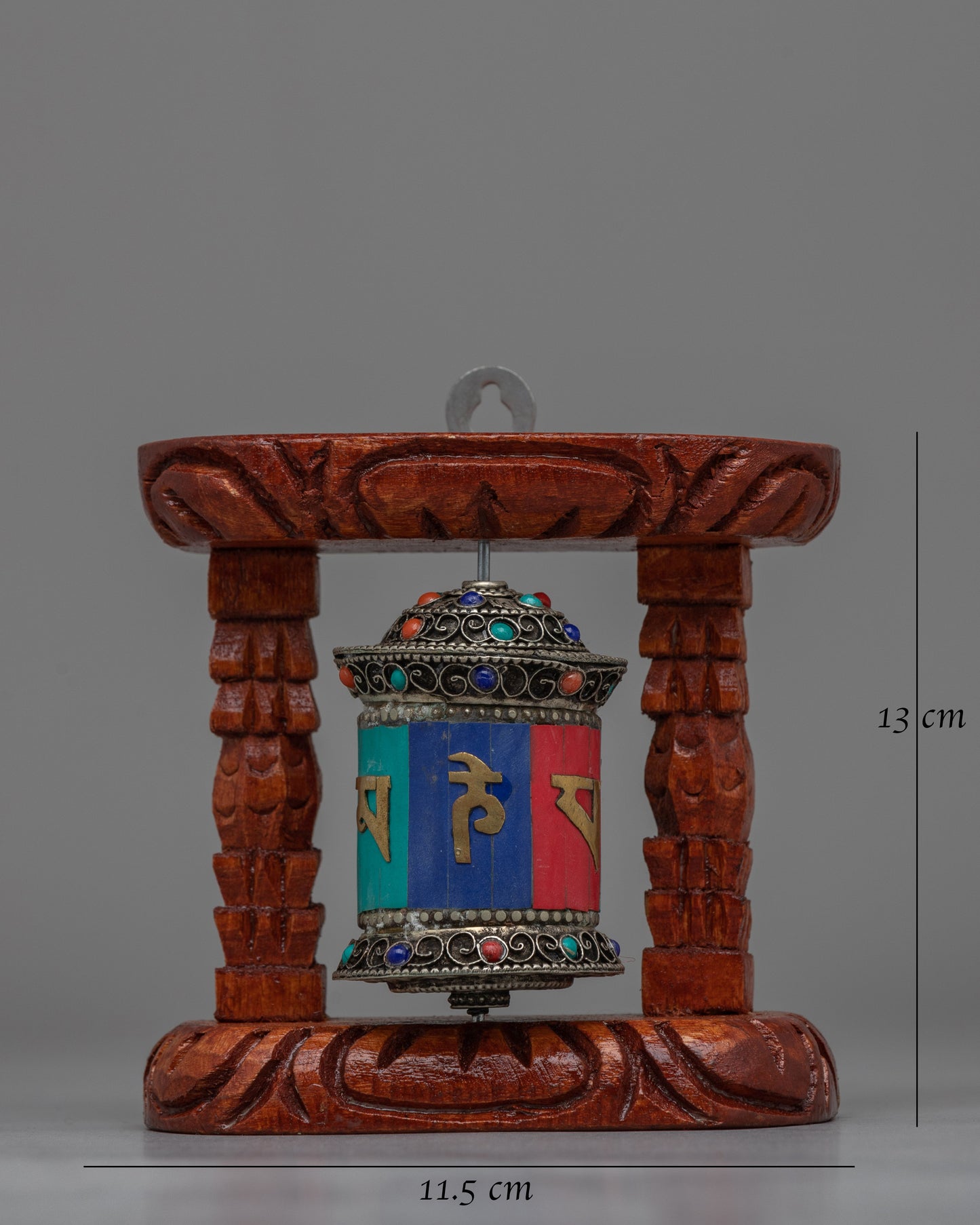 Compact Copper Prayer Wheel with Mantras and Stones | Vibrant Buddhist Devotional Tool