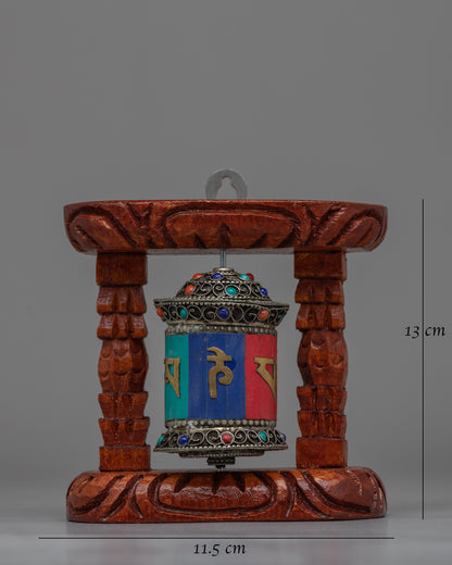 Compact Copper Prayer Wheel with Mantras and Stones | Vibrant Buddhist Devotional Tool