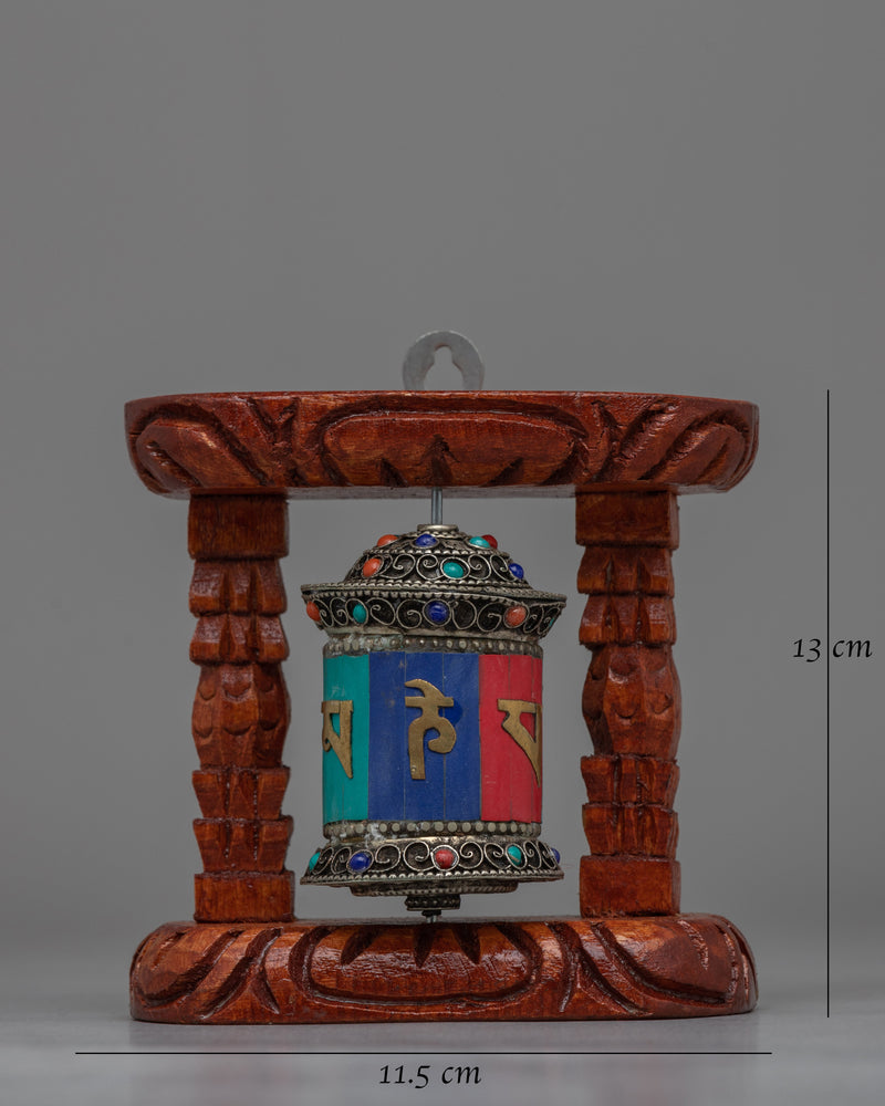 Compact Copper Prayer Wheel with Mantras and Stones | Vibrant Buddhist Devotional Tool