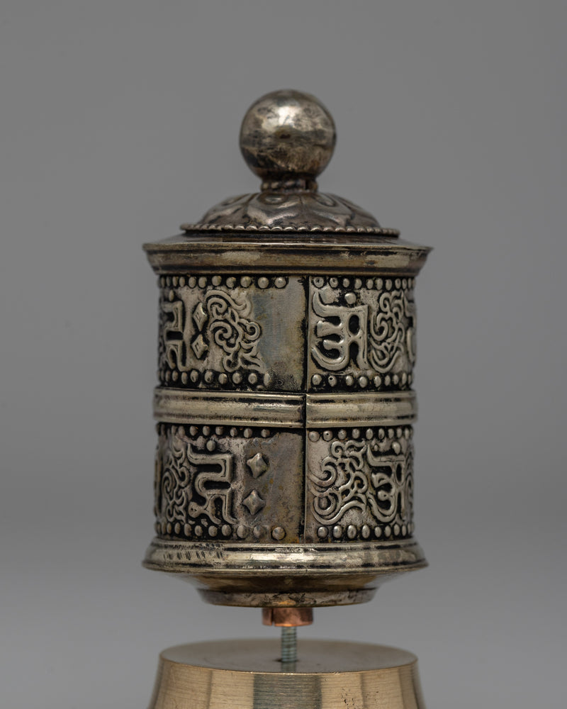 Intricate Tibetan Prayer Wheel for Meditation & Blessings | Compact Copper & Brass Ritual Tool