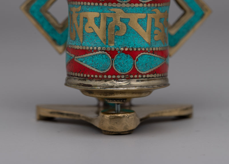 Handcrafted Buddhist Prayer Wheel with Sacred Mantras | Spiritual Healing Artifact with Turquoise