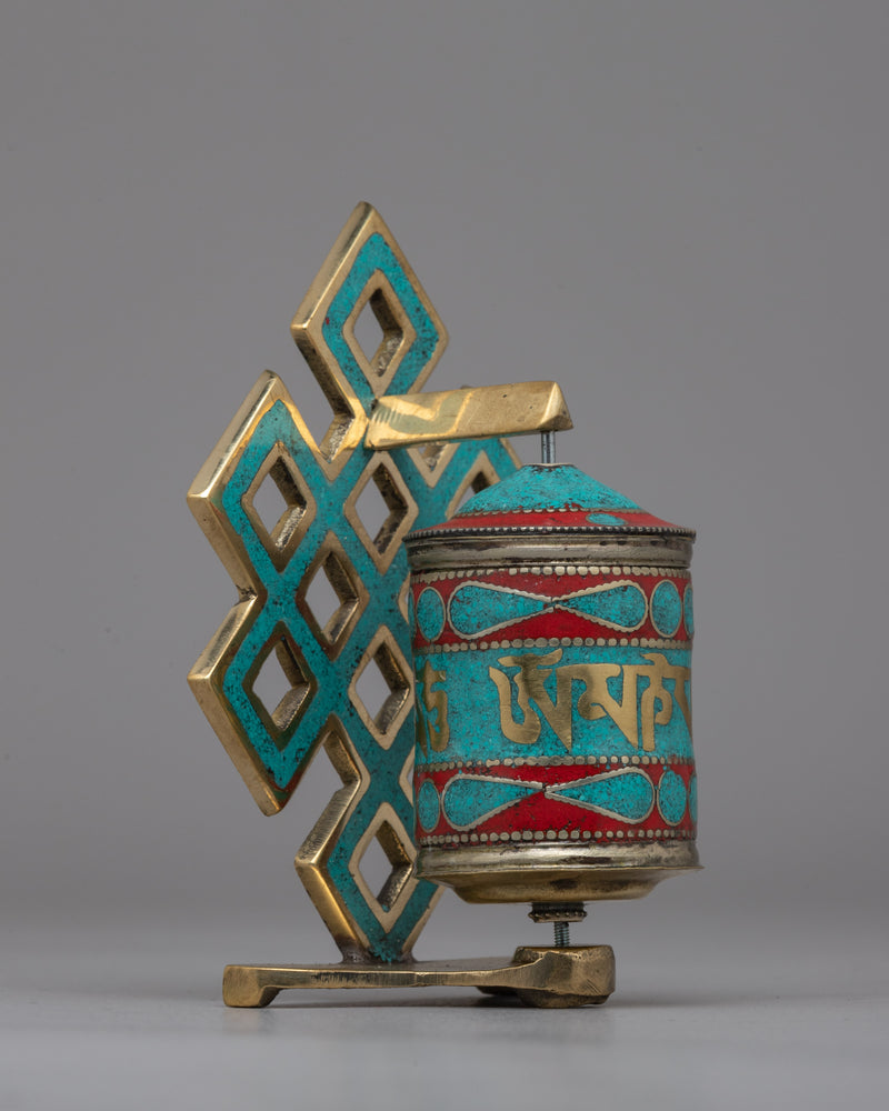 Handcrafted Buddhist Prayer Wheel with Sacred Mantras | Spiritual Healing Artifact with Turquoise