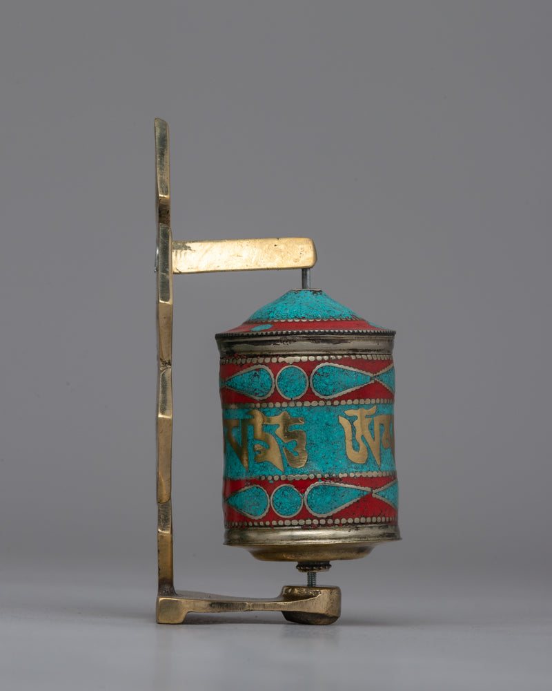 Handcrafted Buddhist Prayer Wheel with Sacred Mantras | Spiritual Healing Artifact with Turquoise