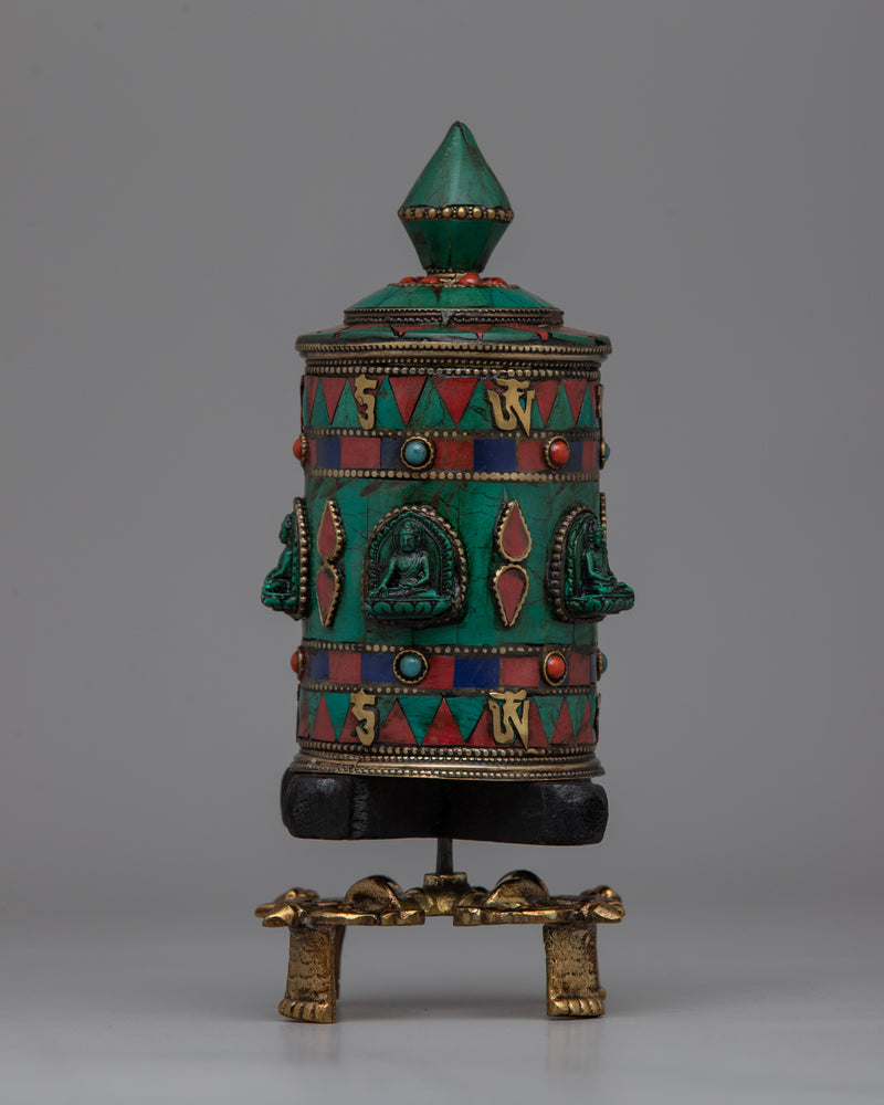 Prayer Wheel with Copper Body & Protective Stone Accents | Wheel with Turquoise &amp; Coral Inlays