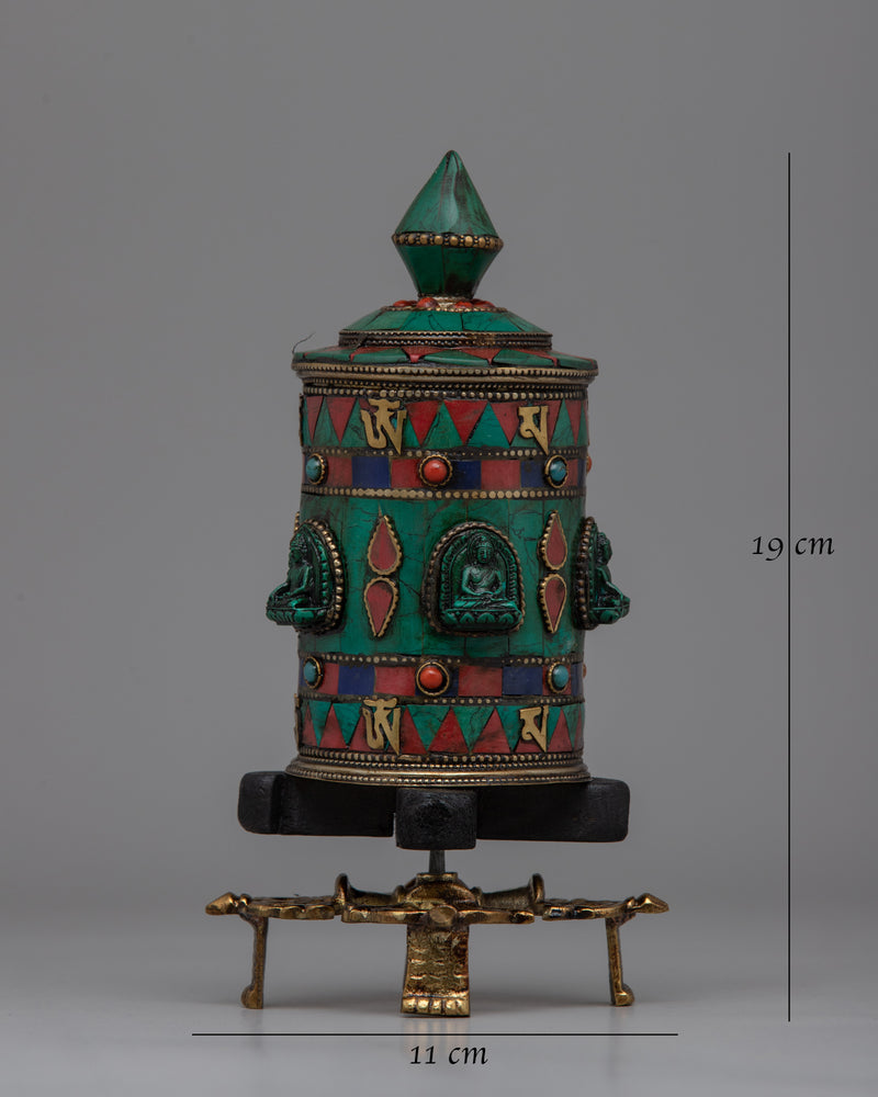 Prayer Wheel with Copper Body & Protective Stone Accents | Wheel with Turquoise &amp; Coral Inlays