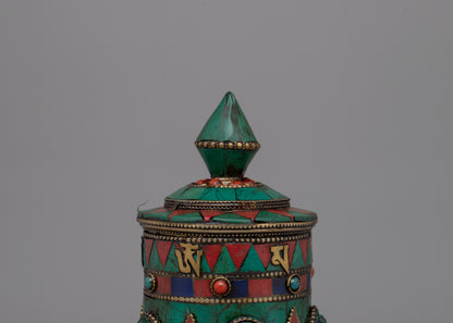 Prayer Wheel with Copper Body & Protective Stone Accents | Wheel with Turquoise &amp; Coral Inlays