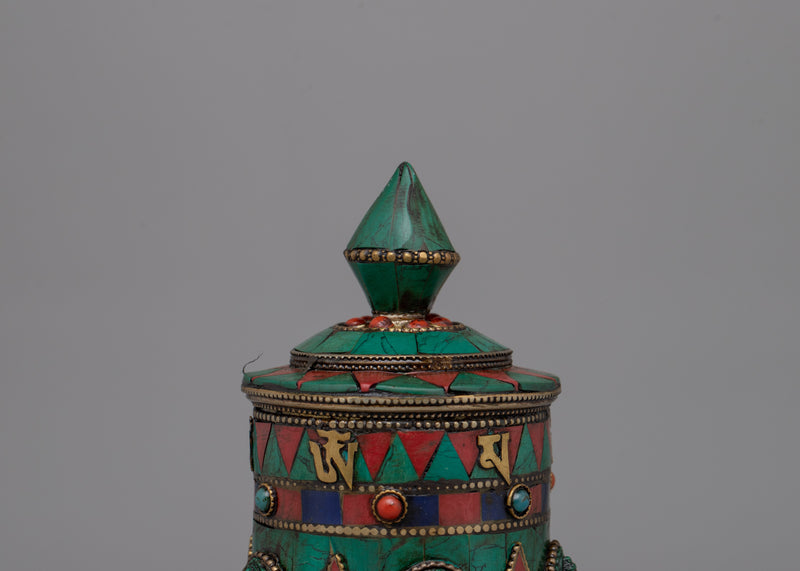 Prayer Wheel with Copper Body & Protective Stone Accents | Wheel with Turquoise &amp; Coral Inlays