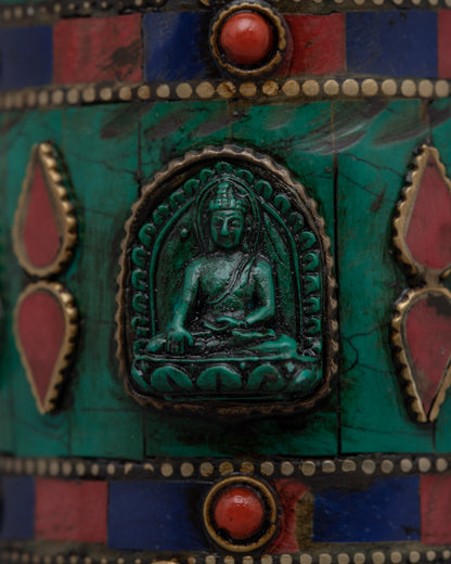 Prayer Wheel with Copper Body & Protective Stone Accents | Wheel with Turquoise &amp; Coral Inlays