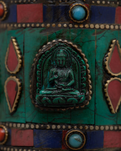 Prayer Wheel with Copper Body & Protective Stone Accents | Wheel with Turquoise &amp; Coral Inlays