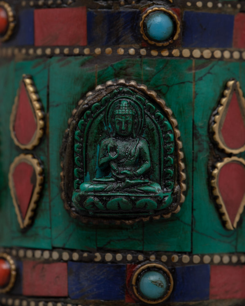 Prayer Wheel with Copper Body & Protective Stone Accents | Wheel with Turquoise &amp; Coral Inlays