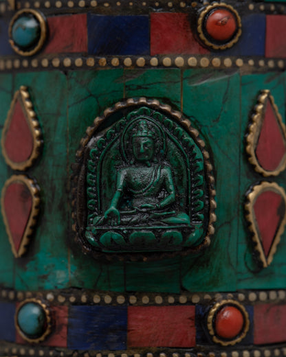 Prayer Wheel with Copper Body & Protective Stone Accents | Wheel with Turquoise &amp; Coral Inlays