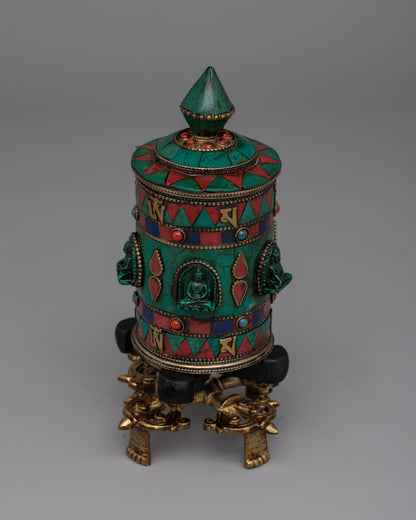 Prayer Wheel with Copper Body & Protective Stone Accents | Wheel with Turquoise &amp; Coral Inlays