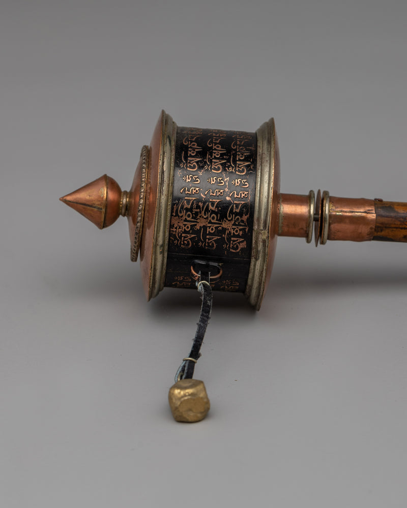 Compact Copper & Wood Buddhist Prayer Wheel | Handcrafted Ritual Tool for Meditation