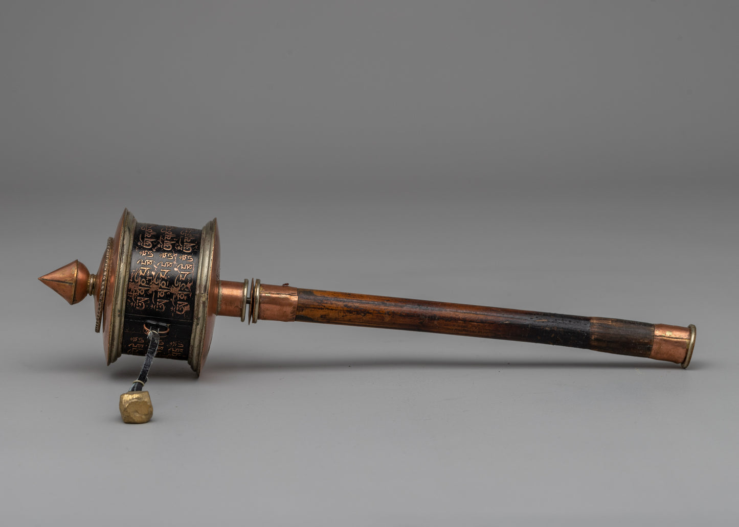 Compact Copper & Wood Buddhist Prayer Wheel | Handcrafted Ritual Tool for Meditation