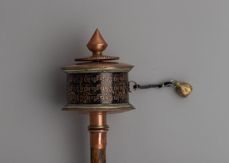 Compact Copper & Wood Buddhist Prayer Wheel | Handcrafted Ritual Tool for Meditation