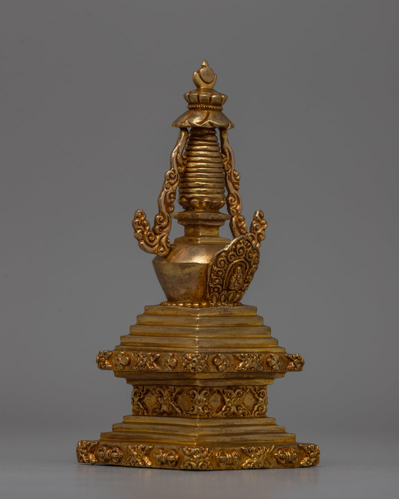 Religious Décor Gold-Plated Stupa | Sacred Altar Piece with Floral Patterns