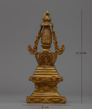 Religious Décor Gold-Plated Stupa | Sacred Altar Piece with Floral Patterns