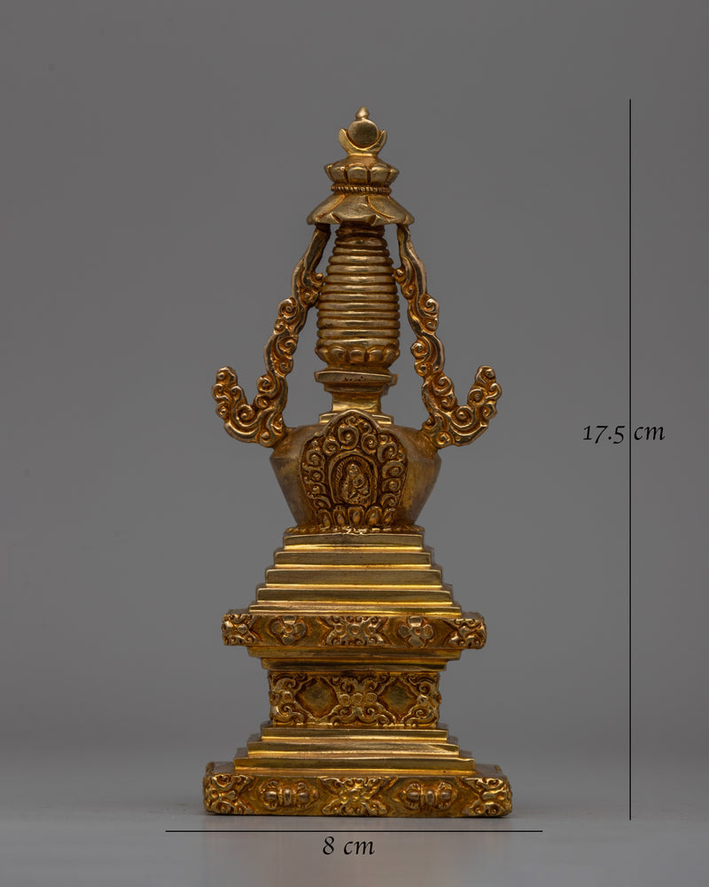 Religious Décor Gold-Plated Stupa | Sacred Altar Piece with Floral Patterns