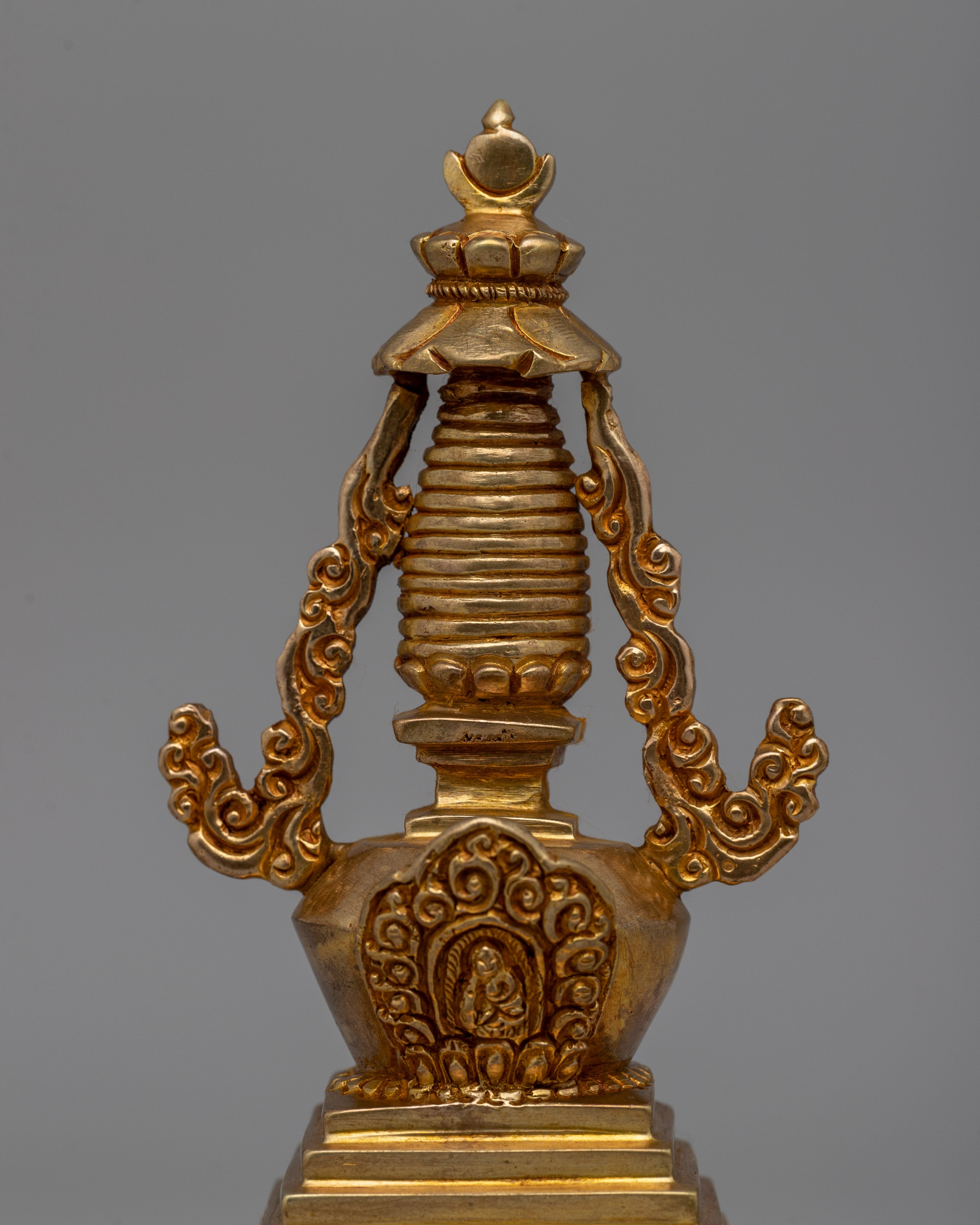 Religious Décor Gold-Plated Stupa | Sacred Altar Piece with Floral Patterns