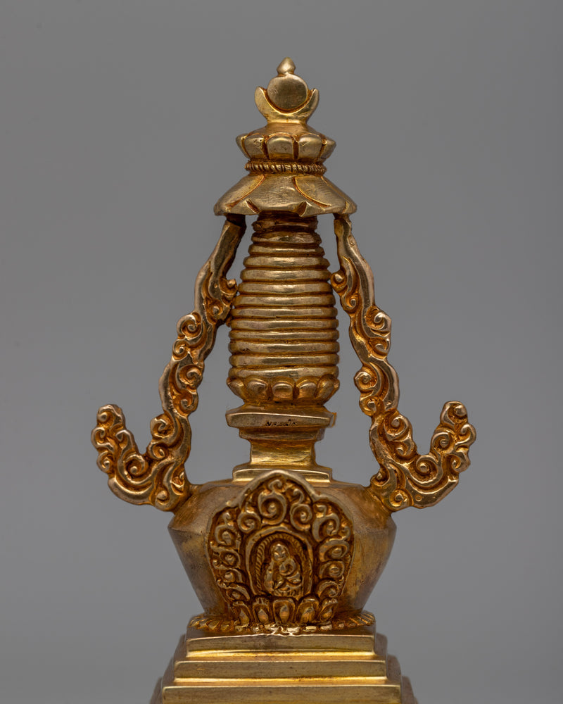 Religious Décor Gold-Plated Stupa | Sacred Altar Piece with Floral Patterns