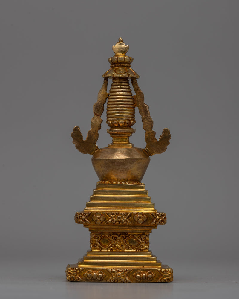 Religious Décor Gold-Plated Stupa | Sacred Altar Piece with Floral Patterns