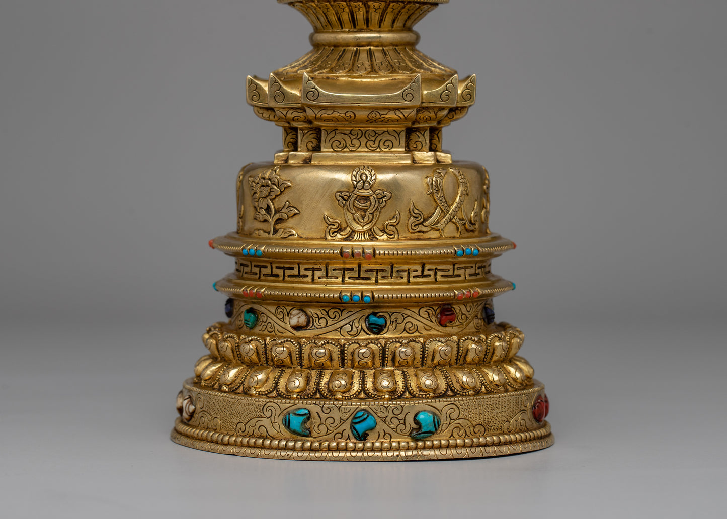 24K Gold-Gilded Buddhist Stupa | Spiritual Décor with Semi-Precious Stones