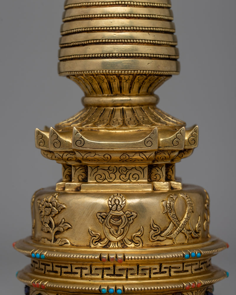 24K Gold-Gilded Buddhist Stupa | Spiritual Décor with Semi-Precious Stones