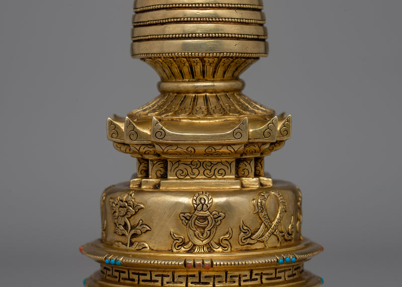 24K Gold-Gilded Buddhist Stupa | Spiritual Décor with Semi-Precious Stones