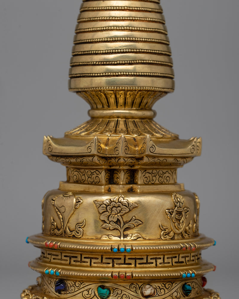 24K Gold-Gilded Buddhist Stupa | Spiritual Décor with Semi-Precious Stones