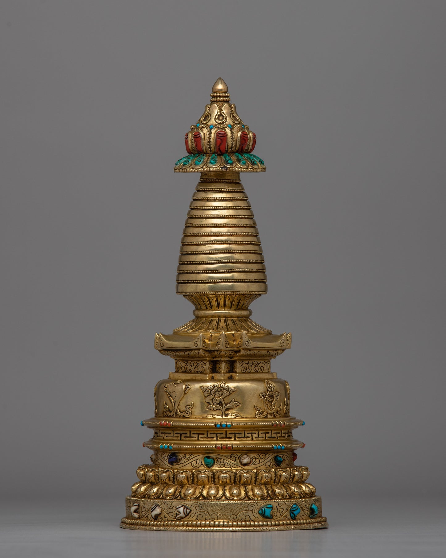 24K Gold-Gilded Buddhist Stupa | Spiritual Décor with Semi-Precious Stones