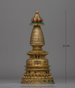 24K Gold-Gilded Buddhist Stupa | Spiritual Décor with Semi-Precious Stones