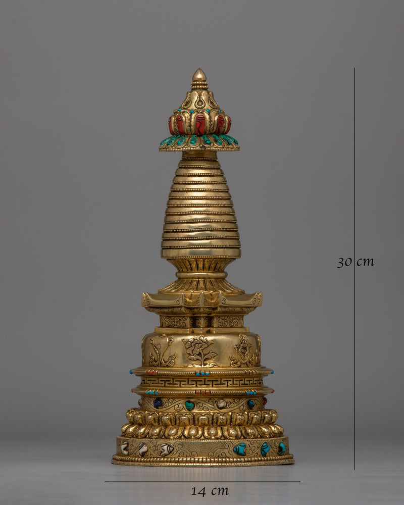 24K Gold-Gilded Buddhist Stupa | Spiritual Décor with Semi-Precious Stones