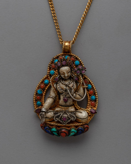 Sacred White Tara Amulet with Gold Base & Original Stones 